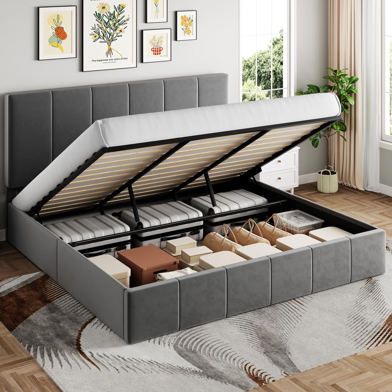 SHA CERLIN King Size Lift Up Storage Bed Frame, Adjustable Headboard, Hydraulic Support, Velvet Upholstered, Easy Installation, No Box Spring Needed, White