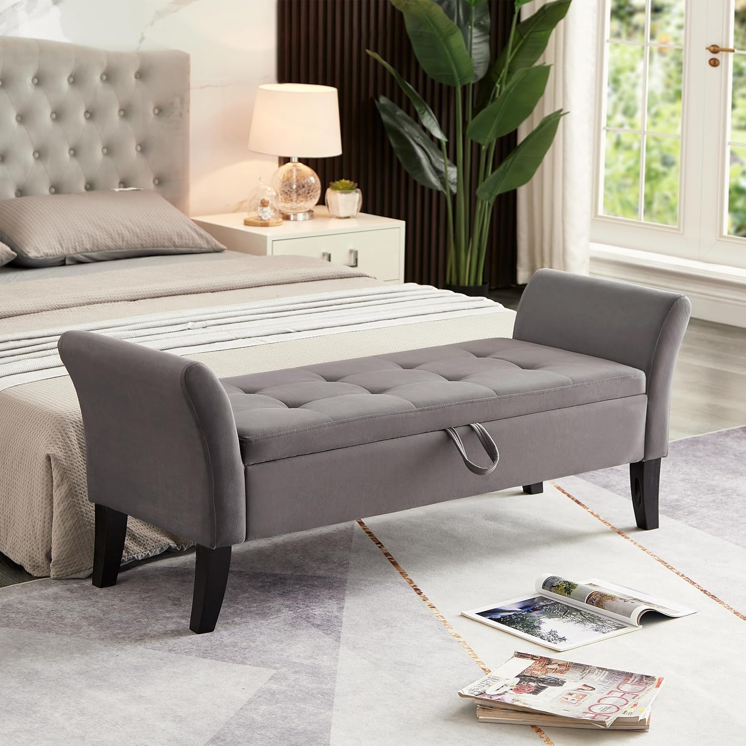 Furniliving 51” Storage Benches, End of Bed Bench with Button-Tufted Large Upholstered Storage Ottoman Linen Window Bench with Storage Shoe Cabinet Bench, for Bedroom, Entryway, Closet, Beige