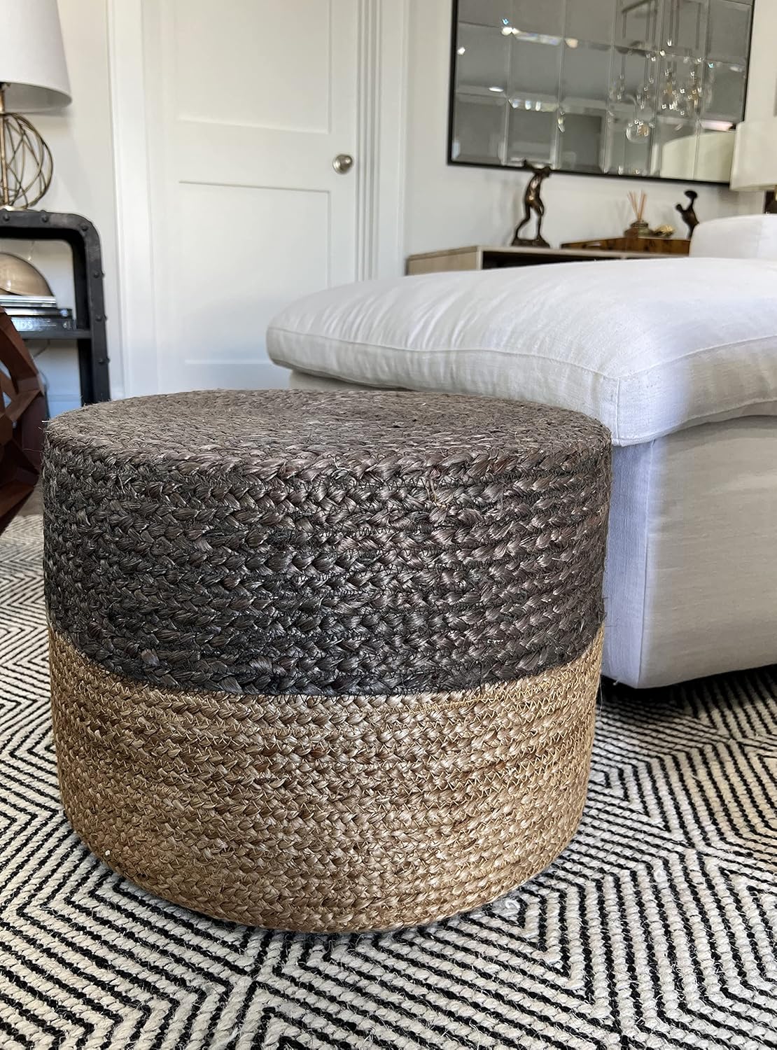 S & L Homes Pouf Ottoman - 100% Jute Braided Footrest Pouf Hand Knitted Traditional Cord Boho Pouffe for Living Room, Bedroom, Nursery, Patio, Lounge Colorblock - Natural Ivory (18”x18”x12”)