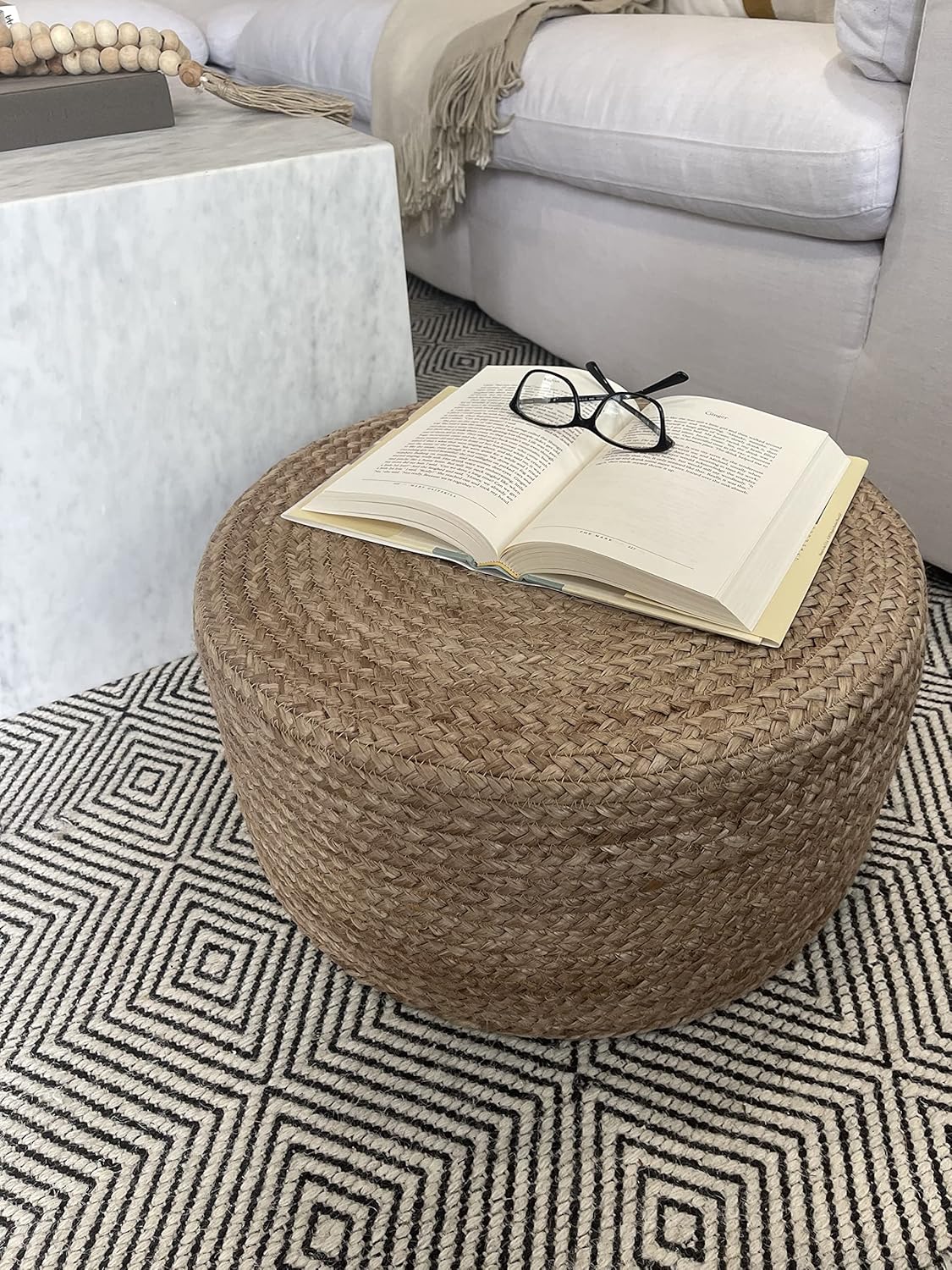 S & L Homes Pouf Ottoman - 100% Jute Braided Footrest Pouf Hand Knitted Traditional Cord Boho Pouffe for Living Room, Bedroom, Nursery, Patio, Lounge Colorblock - Natural Ivory (18”x18”x12”)