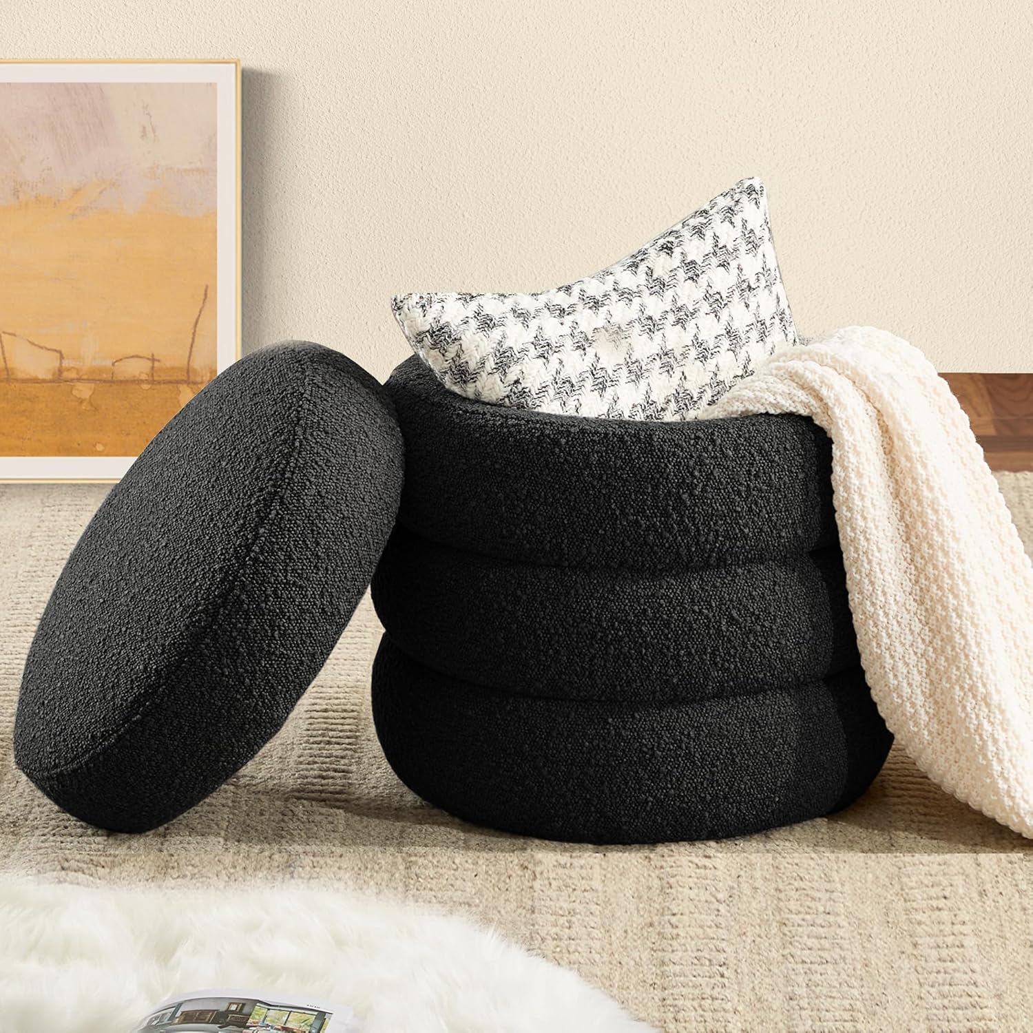 Storage Ottoman Bench 49.2 Inch Upholstered Fabric Storage Bench for Bedroom End of Bed Aesthetic Large Oval Ottoman for Living Room Entryway (Ivory)