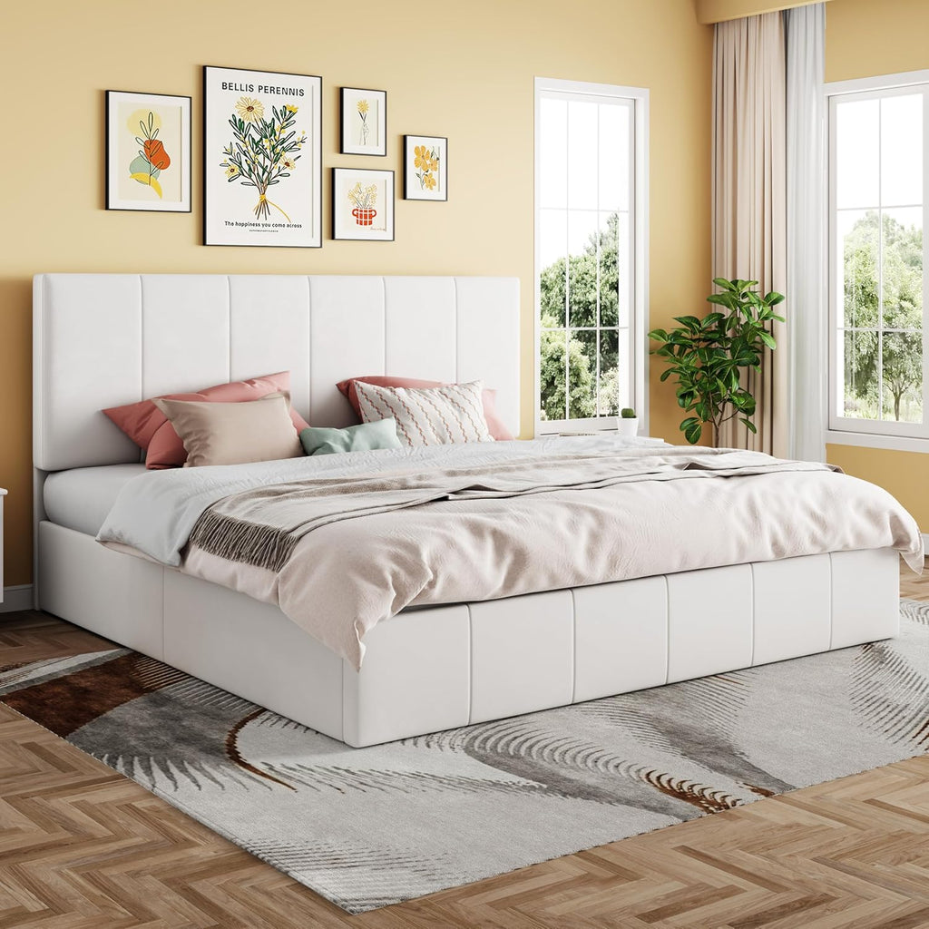 SHA CERLIN King Size Lift Up Storage Bed Frame, Adjustable Headboard, Hydraulic Support, Velvet Upholstered, Easy Installation, No Box Spring Needed, White